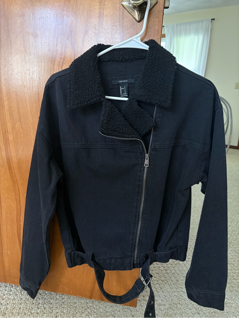 Forever 21 Black Sherpa-Lined Belted Jean Jacket